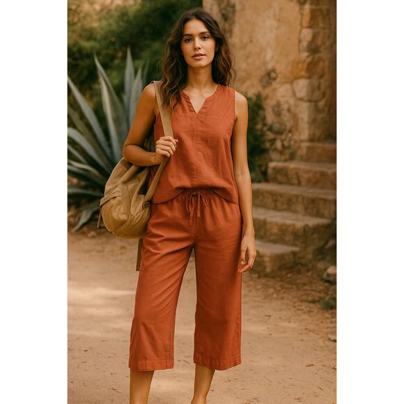 Kavu Rust Cotton 2pc Set Tank & Cropped Pants Large Boho Travel Outdoor Outfit M - Picture 1 of 9